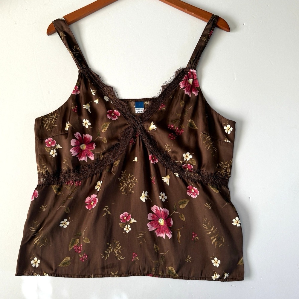 Old Navy‎ Womens Brown Fairy Floral Lace Trim Satin Camisole Top Size L Y2K Boho